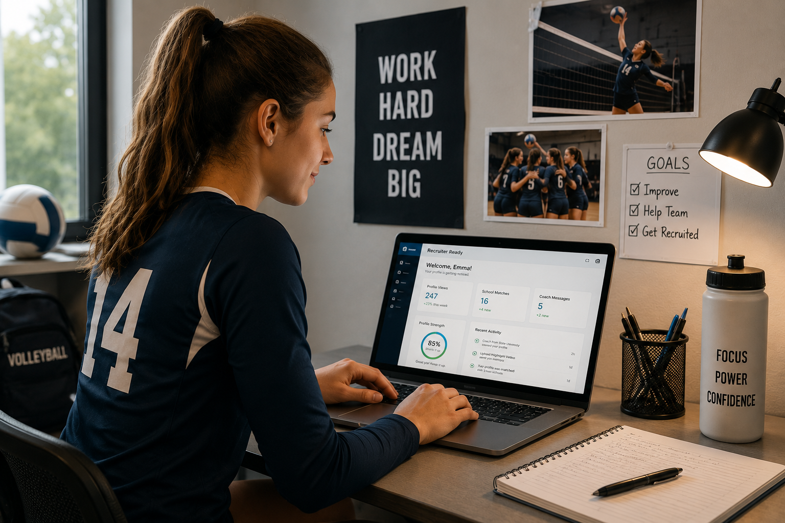 Volleyball athlete preparing at a laptop